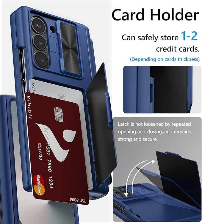 Vihibii for Samsung Galaxy Z Fold 6 Case Wallet with S Pen Holder & Card Holder & Slide Lens Cover & Screen Protector & Hinge Protection, Durable Rugged Protective Phone Case for Galaxy Z Fold6, Blue