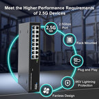 16 Ports 2.5Gb Unmanaged Ethernet Switch, 16*2.5G Base-T Ports. GiGaPlus 2.5Gbps Network Switch for 2.5Gbps NAS/PC, Wireless AP, WiFi6 Router. Plug and Play, Fanless Design.