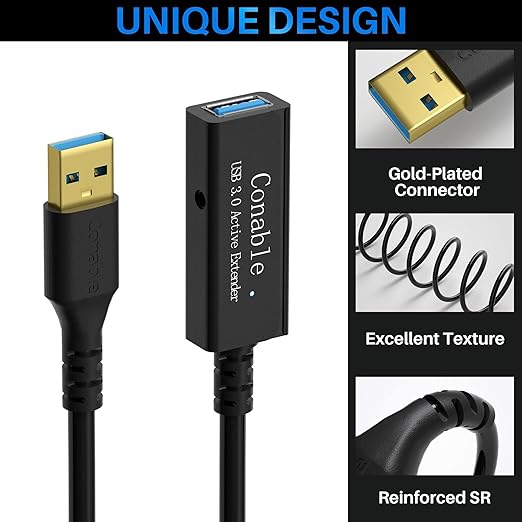 USB 3.0 Active Extension Cable 35 Feet, Long USB Type-A Male to Female Extender Cord, Built-in 2 Signal Booster Smart Chips, 5Gbps Transfer, for Printer, Xbox, Webcam, VR, Hard Drive, USB Hub and More