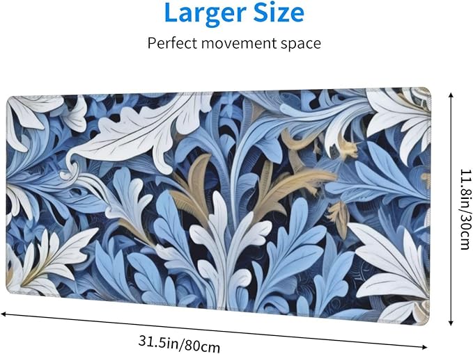 Gaming Mouse Pad, Large Non-Slip Rubber Base Mousepad, Keyboard Mouse Mat, Desk Pad with Stitched Edges, 31.5x11.8inch, Morris Leaves