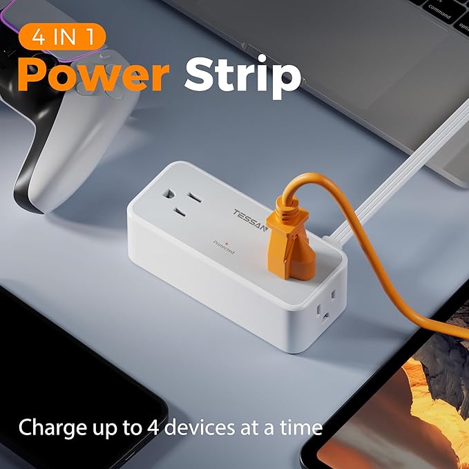 5FT Flat Extension Cord, TESSAN Surge Protector Power Strip with 4 Widely Spaced AC Outlets, 900 Joules Surge Protection, Ultra-Thin Flat Plug Desk Charging Station for Home Office Dorm Essentials