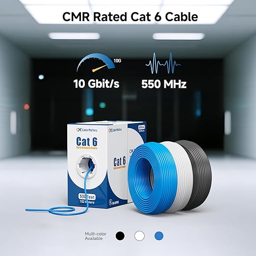 Cable Matters [UL Listed] 10Gbps in-Wall Riser Rated (CMR) 23AWG Bare Copper Cat6 Ethernet Cable - 500ft, Cat 6 Ethernet Cable Spool, Cat 6 Cord Bulk, White