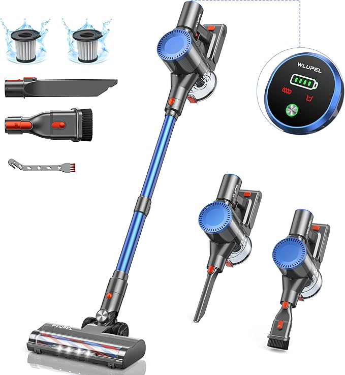 WLUPEL Cordless Vacuum Cleaner, 30KPA 400W Powerful Stick Vacuum with 45Mins Detachable Battery, 80000RMP Lightweight Handheld Vacuum with Adjustable Suction Modes for Hard Floor/Carpet/Pet Hair/Car