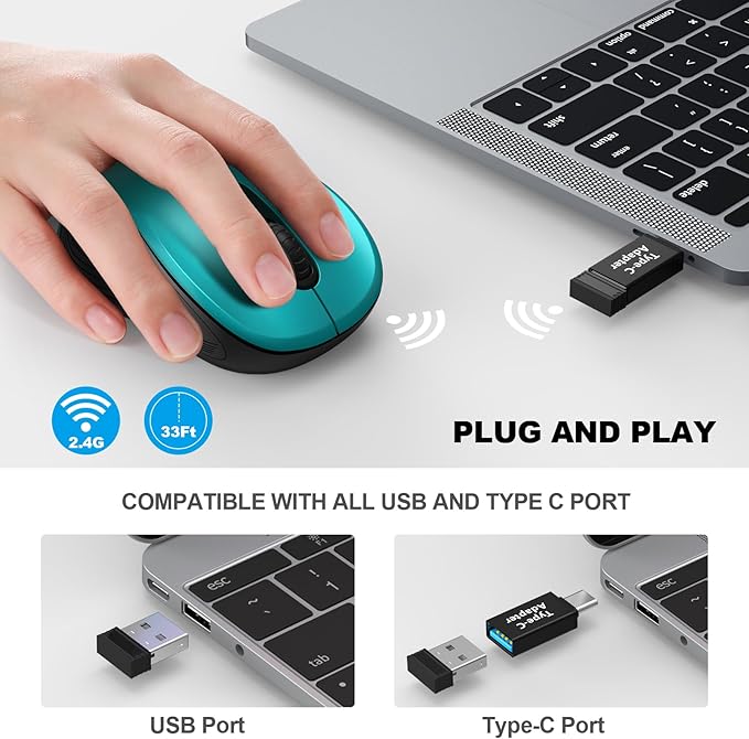 WisFox 2.4G Wireless Mouse for Laptop, Ergonomic Computer Mouse with USB Receiver and Type-C Adapter, 3 Adjustable Levels, 6 Button Cordless Wireless Mice for Windows Mac PC Notebook (Green)