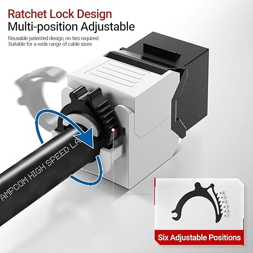 AMPCOM CAT6 RJ45 Keystone Jack - Reusable UTP Ethernet Wall Jack with Adjustable Ratchet Lock Design, No Tool and Zip Tie Required - 50u Gold Plated - Black (2-Pack)