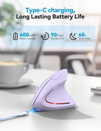TECKNET Ergonomic Mouse, Rechargeable 2.4G+Bluetooth Vertical Mice 6 DPI Adjustable, Wireless Optical Carpal Tunnel Mouse for Right Hand, Silent 6 Buttons for Laptop, PC, MacBook, iPad - Light Purple