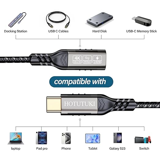 usb c extension cable short(0.8ft/0.25M),240W PD Fast Charging 20 Gbps USB 3.2 Gen 2 Data 4K ,usb c cable for usb male and female, Compatible with laptop, docking station, cell phone cord extension