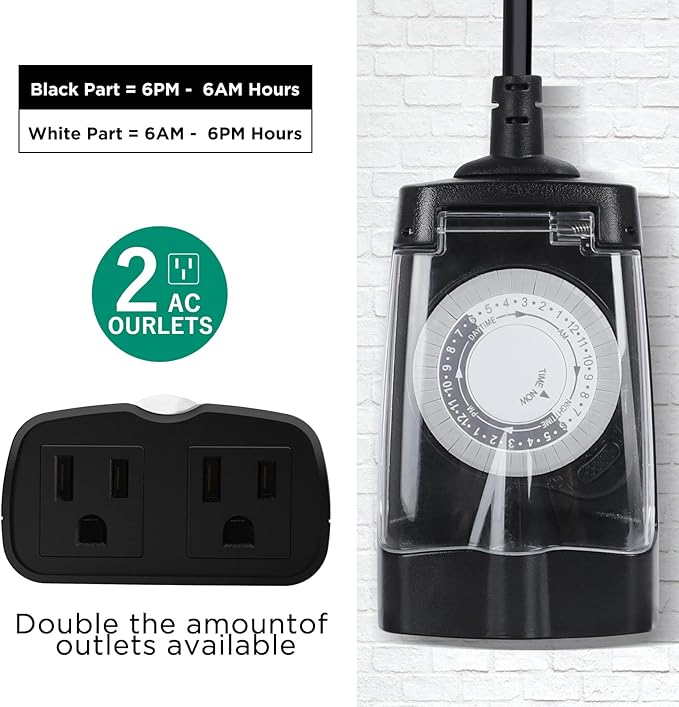 G-Homa 24 Hour Mechanical Outdoor Timer Outlet, Outdoor Timer for Lights, Waterproof, 2 Grounded Outlets, 15A 1/2HP, Heavy Duty, ETL Listed (2 Packs)