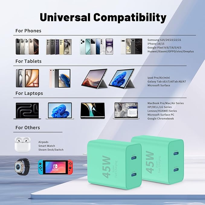 iPhone 16 15 Pro Max Charger Fast Charging,45W Dual Port USB C Fast Charger Block [2-Pack] & Extra Long 60W 3/6/10/10FT USB C Cable - PD Quick Adapter 3.0 for iPhone 16 15/16 15Pro/16 15 Plus.