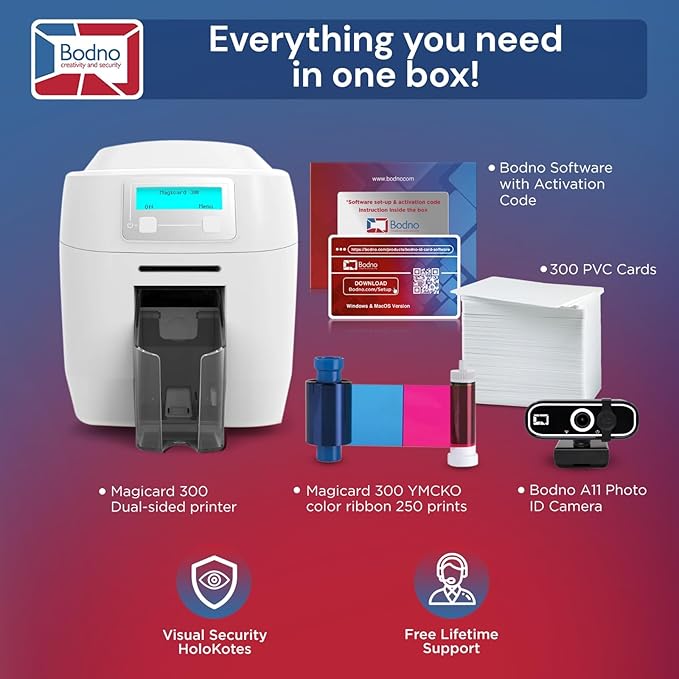Bodno Magicard 300 Dual Sided ID Card Printer & Complete Supplies Package ID Software - Bronze Edition