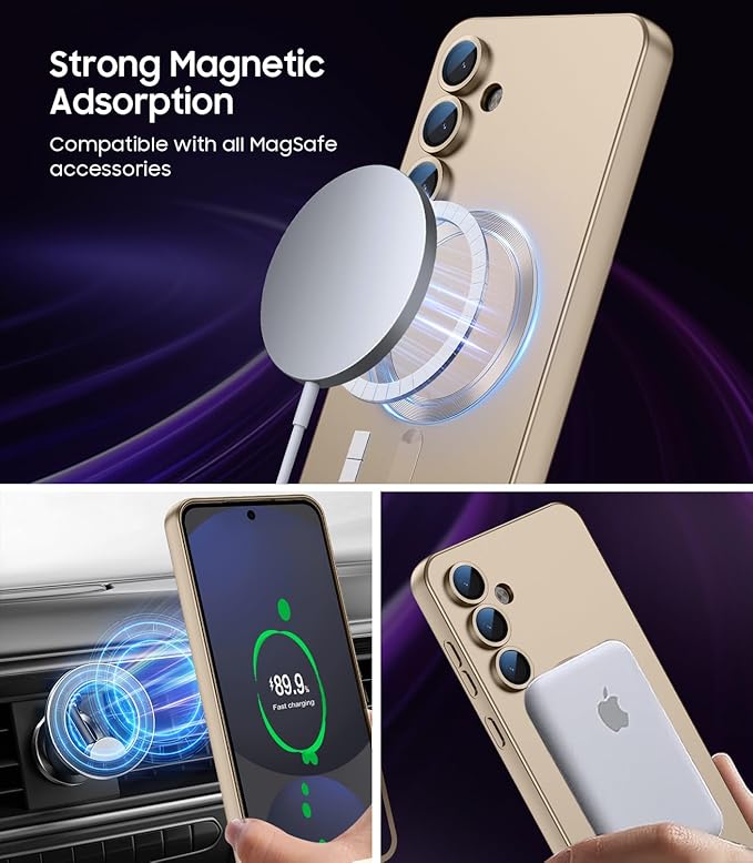 Magnetic for Samsung Galaxy S24 FE Case [Compatible with MagSafe][Built-in Camera Lens Protector] Slim Soft Silicone Bumper Shockproof Metallic Luster Phone Cover (Gold)