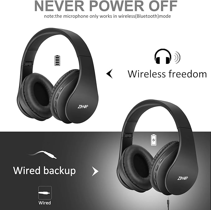 ZIHNIC Bluetooth Headphones Over-Ear, Foldable Wireless and Wired Stereo Headset Micro SD/TF, FM for Cell Phone,PC,Soft Earmuffs &Light Weight for Prolonged Wearing (Black)