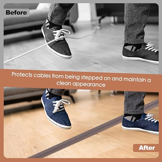 Floor Cord Cover for Wires on Floor Self Adhesive Cord Hider Floor Cable Management Wire Covers for Cords Protector Prevent Cable Trips Cord Cavity W 0.47" x H 0.27", Grayish Brown Wood, 20Ft