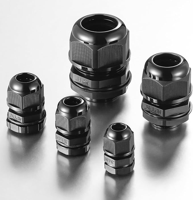 25 PCS 1/4"(4-8mm) NPT Nylon Cable Gland Joints with Gaskets, IP68 Adjustable Lock Nut Strain Relief Cord Grip Waterproof Cable Glands - UL Listed and RoHS Compliant