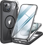 Miracase Glass Series for iPhone 15 Case [Compatible with MagSafe] Full-Body Magnetic Bumper Case with Built-in 9H Tempered Glass Anti-Fingerprint Screen Protector + Camera Lens Protector, Black