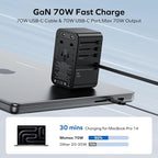 MOMAX Universal Travel Adapter, International Power Plug Adapter with 1 USB C (PD 70W), 2 USB A Ports, 1USB-C Cable (PD 70W), All-in-One Worldwide Wall Charger for USA European UK AUS (Type C/G/A/I)
