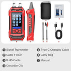 10 in 1 Network Cable Tester with 7 Wavelengths OPM 10Km/10mW VFL 600M Measurable Length 100 Records Tool Kit for CAT5 CAT6 Telephone Ethernet RJ11 RJ45 PoE Wire Tracer NCV, Red