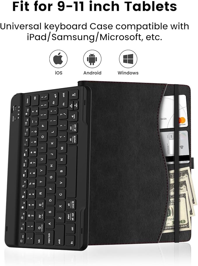 Leather Keyboard Case for 9",9.7",10.1",10.2",10.5",10.9",11" Tablets,7 Colors Backlit,Bluetooth Wireless Keyboard with Pocket Leather Folio Cover(Black)