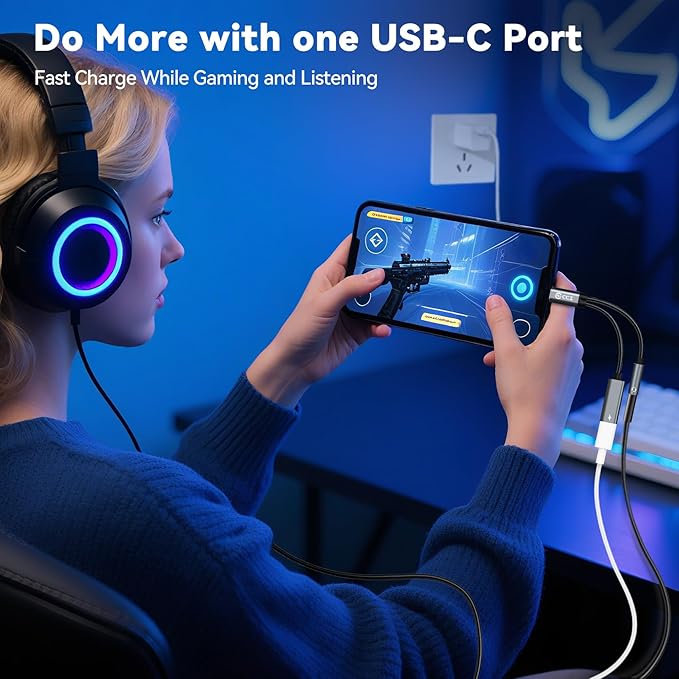 2PCS USB C Splitter for KZ ZS10 PRO, CCZ CA01 USB C to 3.5mm Audio Headphone and Charger Adapter, Type C Headphone Splitter 1 in 2 Out, Dongle Audio Cable DAC for Samsung Galaxy S25/S24 (USBC-3.5MM)