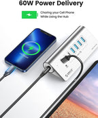 ORICO 7 Port USB Hub 10Gbps, Aluminum USB 3.2 Gen 2 Hub, 6 USB 3.2 Data Ports, PD 60W Ports, 1.64Ft C to C Cable, USB Data Hub for Laptop