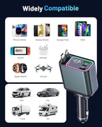 4 in 1 Retractable Car Charger with RGB Light, 92W Fast Charging USB C Car Adapter, Compact Car Phone Charger for iPhone/Galaxy/Pixel, Car Accessories for Women Men (Lightning + Type C Cable)