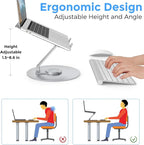 Swivel Laptop Stand for Desk, Adjustable Height Aluminum Computer Stand with 360 Rotating Base, Foldable Ergonomic Riser, Portable Laptop Holder Compatible with MacBook, All Laptops 10-17'', Chrome