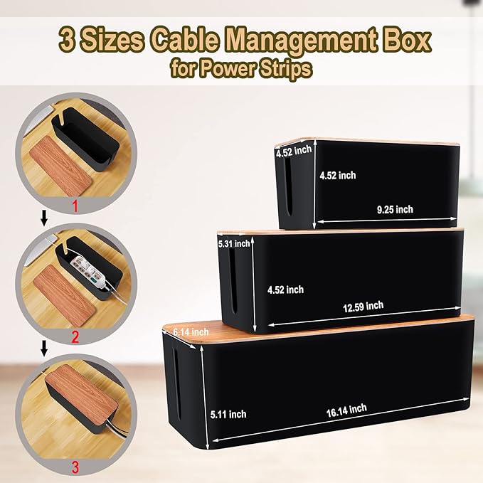 Cable Management Box 3 Pack with 125PCS Cable Management Kit for Power Strip to Hide Wires,Cord Organizer Boxes,Safe ABS Material Wire Organizer of Cable Clips Sleeve for Home & Office