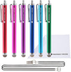The Friendly Swede Micro-Knit Stylus Pen for Touchscreen — 6-Pack Hybrid Fiber Tip Universal Capacitive Stylus Pen for iPad; Lanyards & Cleaning Cloth - Hot Pink/Aqua Blue/Green/Dark Blue/Red/Purple