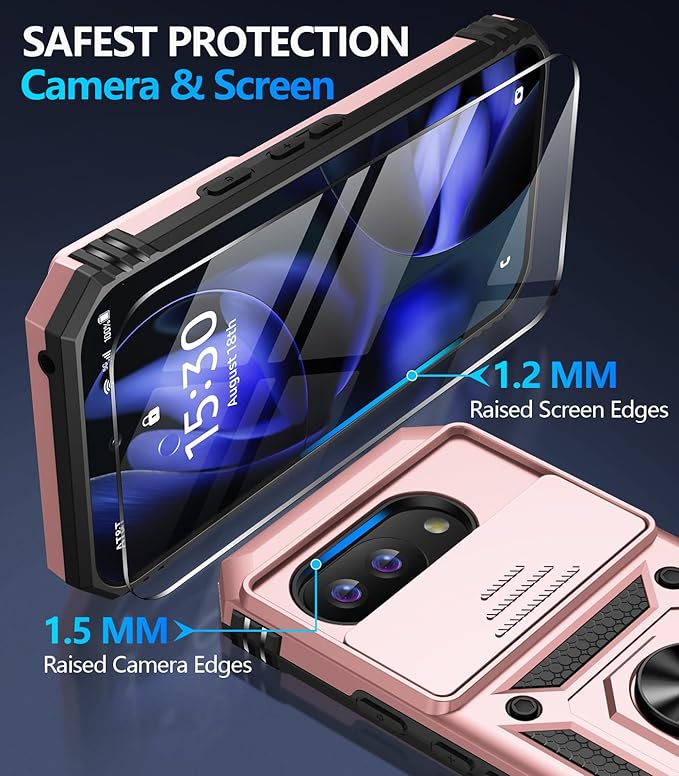 Taisairu for Google Pixel 9A Case with Screen Protector & Slide Camera Lens Cover, Built-in 360°Rotate Magnetic Ring Stand Shockproof Protective Phone Case for Google Pixel 9A Case (Rose Gold)