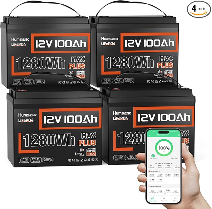 4 PACK 12V 100Ah LiFePO4 Lithium Battery MAX PLUS Bluetooth 5.0 IP67, Built-in 110A BMS 15000+ Deep Cycles 1280Wh Lithium Batterys, for RVs Marine