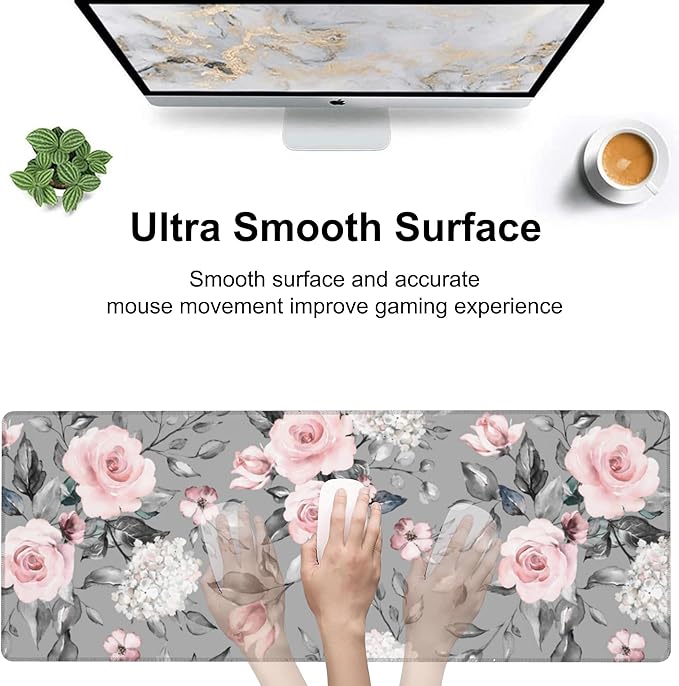 Pink Roses Desk Mat,Large Spring Blooming Flowers and Leaves Gaming Keyboard Mouse Pad,Non-Slip Rubber Base Desk Pad Thick Stitched Edges Waterproof Mousepad Mouse Mat 31.5"x11.8"