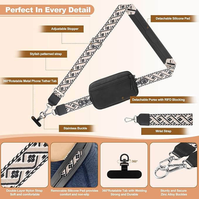 Clip and Go Strap for Phone with Wallet Crossbody, Adjustable Phone Lanyard with Detachable RFID Wristlet Wallet, Pattern Strap - Black (L)