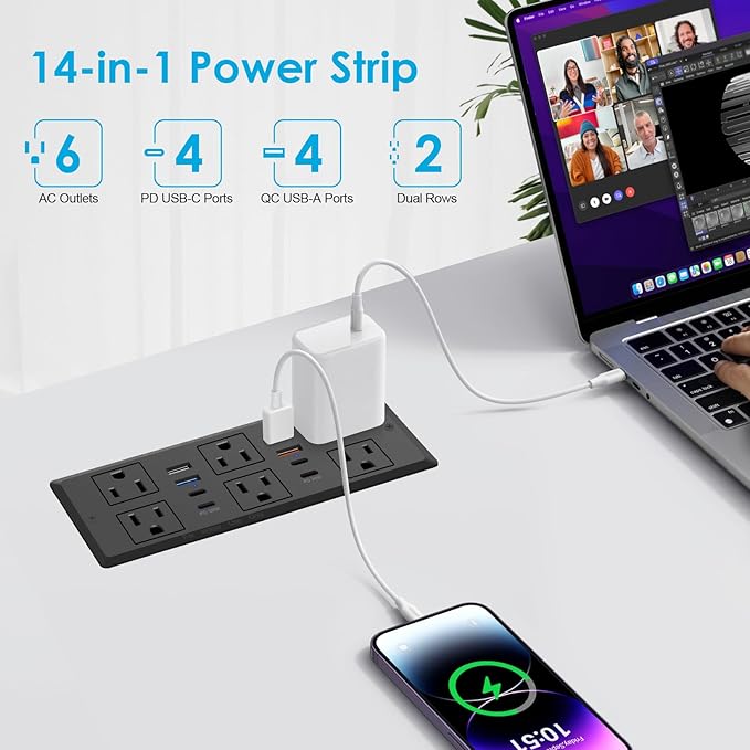 Recessed Power Strip, 30W PD USB-C & USB-A Fast Charging, Drawer Outlet Plug in 6 Outlets & 8 USB Ports, Furniture Flush Mount Desk Outlets for Conference Table, 10FT Cord Black