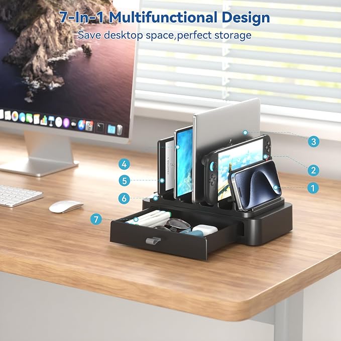 KDD Vertical Laptop Stand with Drawer - 7-in-1 Space-Saving Laptop Holder with Gravity Locking Fits MacBook, Dell, HP, Chromebook, Surface Pro, Tablet, Cell Phone, Switch, Keyboard Desktop Organizer