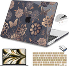 Teryeefi for MacBook Air M2 M3 M4 13.6 Case 2022 2023 2024 2025 Release A2681 A3113 A3240, Clear Hard Shell with Keyboard Cover & USB 3.0 Adapter & Screen Protector, Gold Floral Butterfly