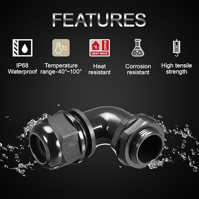 LeMotech M40 Cable Gland, 90 Degree Adjustable 26-33mm Cable Range Strain Relief, Cord Connectors Nylon Joints with Gaskets, 2 Pcs, Black