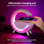 Table Lamp with Bluetooth Speaker, G Bedside Lamp with 15W Wireless Charger, Atmosphere Desk Lamp with Alarm Clock, RGB Bedside Nightstand Lamp, Hi-Fi Sound, Time Display