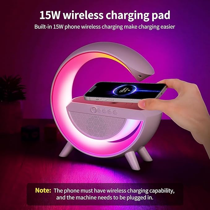 Table Lamp with Bluetooth Speaker, G Bedside Lamp with 15W Wireless Charger, Atmosphere Desk Lamp with Alarm Clock, RGB Bedside Nightstand Lamp, Hi-Fi Sound, Time Display