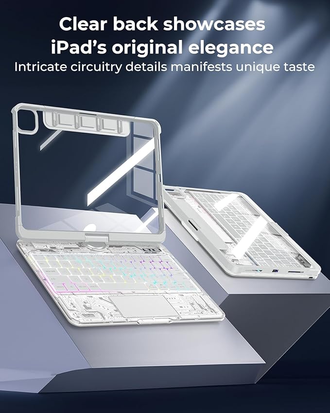 SIBEITU Keyboard Case for iPad A16 11th Gen 11" 2025 & 10th Gen 10.9" 2022, Clear Wireless Keyboard Protective Cover with Multi-Touch Trackpad, 7-Color Backlight & 3-Brightness, 360 Rotatable, White