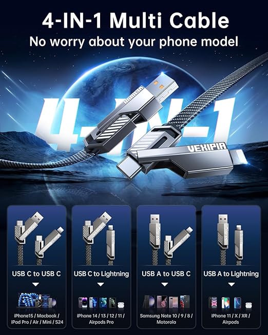 [Upgraded] 4-in-1 USB C Cable 60W 3FT Lightning Cable Fast Charging Flat Nylon Braided for iPhone iPad Charger Cord [480Mbps Data Sync] Multi Charge Combo with Lightning/Type C/USB A Port