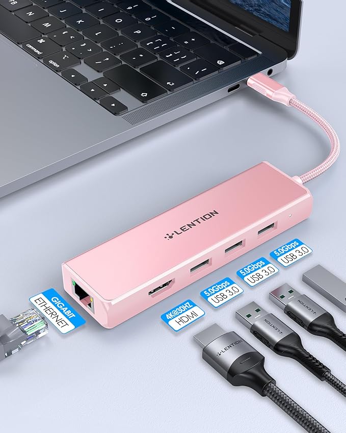 LENTION USB C Hub with Gigabit Ethernet Adapter, 4K HDMI, 3 USB 3.0 Port for 2024-2016 MacBook Pro 13/14/15/16, New Mac Air & Surface, Chromebook, More, Stable Driver Certified (CB-C25, Rose Gold)