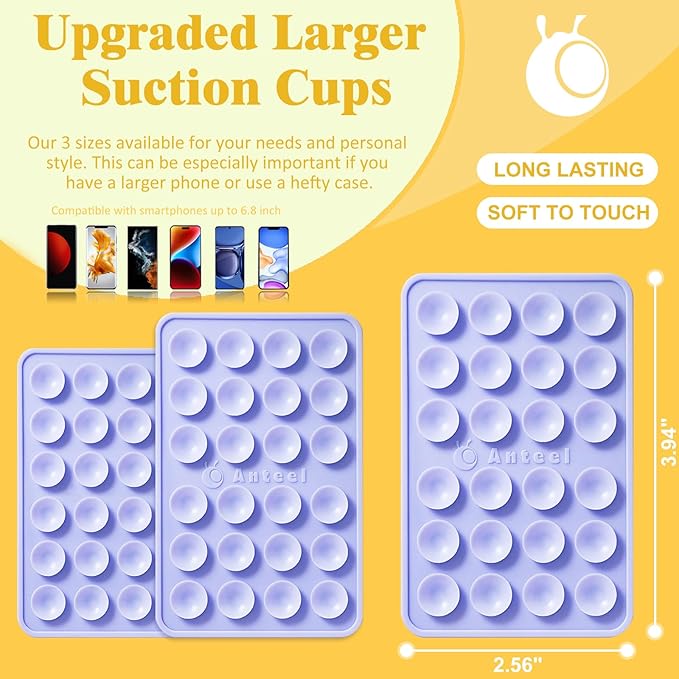 Anteel MAX Silicone Suction Phone Case Adhesive Mount, Upgraded Super Strong Grip, Durable, Easy to Use, Hands-Free Sticky Phone Holder for Selfies, Tiktok Videos, 2.56"x3.94" (LPE&LPE)