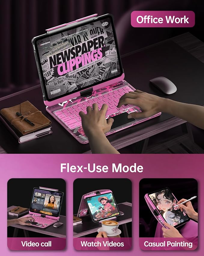 Intermerge Clear Keyboard Case for iPad Pro 13" (M4) 2024 Only, 360° Swivel Multi-Touch Trackpad, 7-Color RGB Backlit, Pencil Holder, Type-C, Power Indicator, Blush Pulse
