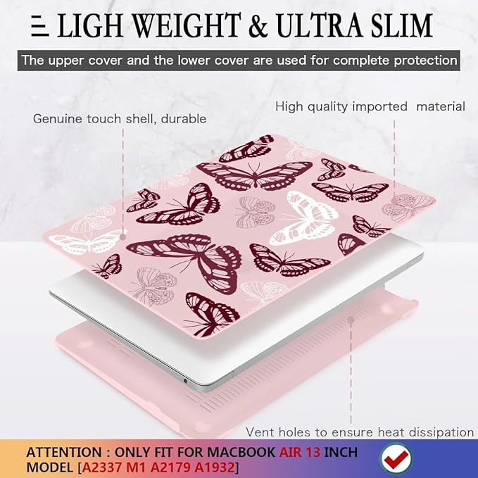 CISSOOK Butterfly Case for MacBook Air 13 Inch Pink 2021 2020 2019 2018 Release Model A2337 M1 A2179 A1932, Pink Cover with Keyboard Cover for MacBook Air 13 with Retina Display and Touch ID