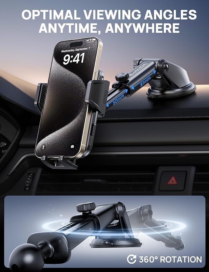 [2025 New] Dashboard Phone Holders for Your Car (+Air Vent Clip) [Military Grade Stable] , Car Cell Phone Holder, Rotatable Suction Cup Car Phone Mount for All Phone (Champagne)