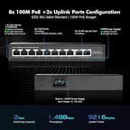 10 Port Mini PoE Switch with 8 PoE+, 2 Uplink, 10/100Mbps Ethernet, 120W 802.3af/at PoE, Fanless Metal Plug & Play PoE+ YuLinca Network Switch