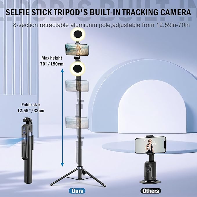 Face Tracking Tripod for iPhone with Light,70 inch Phone Tripod Holder with Remote,Travel Selfie Stick for Content Creator Vlog Live Stream Video Recording