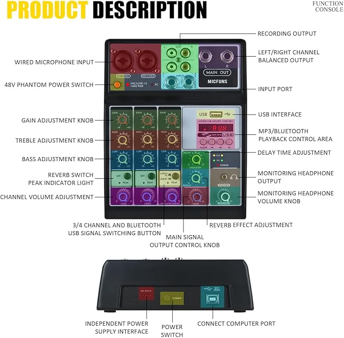 Mini audio audio mixers DJ mixer Sound Board Console System,4 Channel 48V Phantom Power with Bluetooth USB MP3 Stereo live DJ Studio Streaming for professional recording party KTV stage