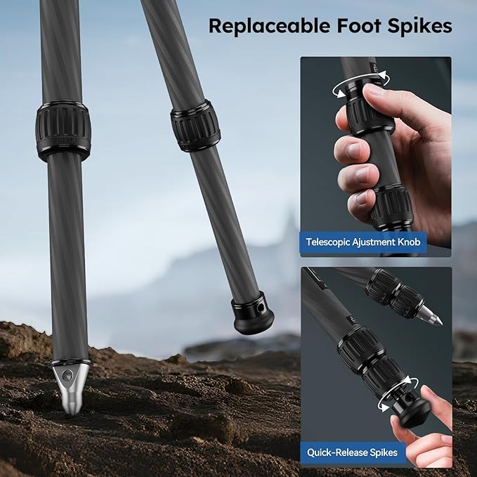 SIRUI Lightweight Carbon Fiber Mini Travel Tripod with Two-Section Center Column, Max Height 26", Supports 22lbs (AM-223+SL-100)