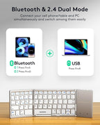 Samsers Multi-Device Foldable Bluetooth Keyboard with Touchpad, Rechargeable Dual-Mode(2.4G+BTx2) Wireless Keyboard with Holder, Portable Folding Keyboards for Android Windows iOS Mac OS - Silver